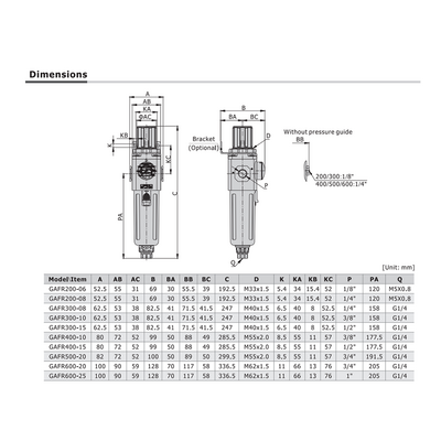 GAFR400C10ASNT AIRTAC PARTICULATE FILTER/REGULATOR<BR>GAFR400 SERIES 3/8" NPT 20-130 PSI 40 MIC W/AD GA MNT BRK